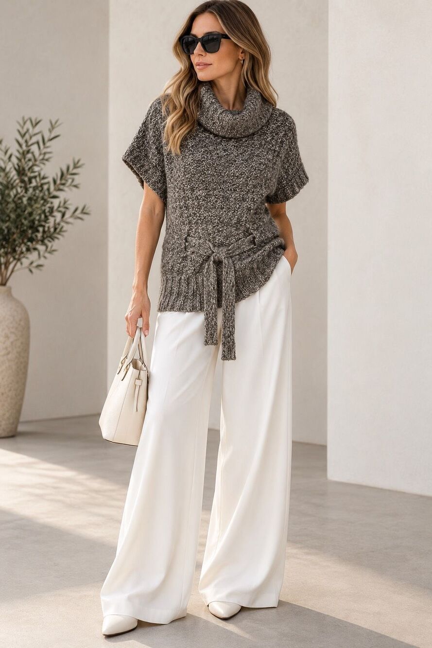 Pimkie Cowl Neck Knit Sweater Short Sleeve Tie Waist Textured Gray Brown